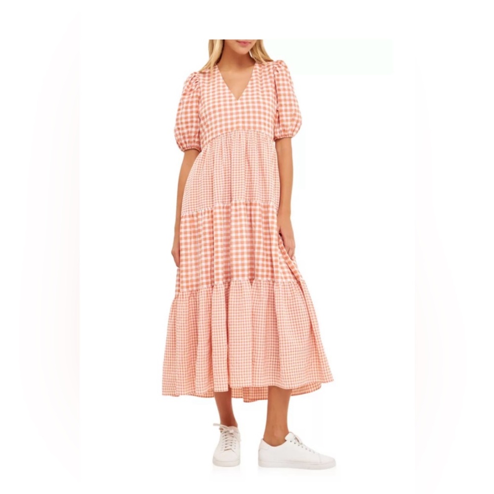 English Factory Checkered Puff Sleeve Midi Dress L NWT